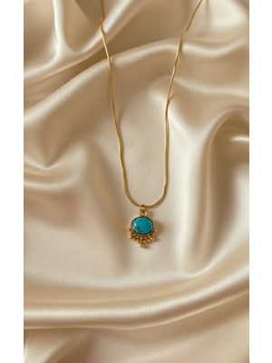 Stainles Steel Firuze Taşlı Göz Yaşı Çelik Kolye(Çapı:1,4cm)