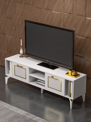 İşsevenler Tv Sehpası Tv Ünitesi Beyaz Gold 160 Cm Linya 5042