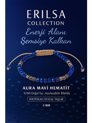 Erilsa Sertifikalı Enerji Alanı Şemsiye Kalkanı Koruyucu Bilekliği -Aura Mavi Hematit Taşı