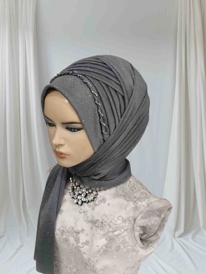 Nuray Hazır Duvak Antrasit Simli Nadide Model Hazır Türban Hazır Duvak Hazır Şal