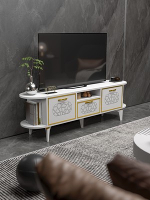 İşsevenler Tv Sehpası Mira Gold 5032 Beyaz 160 Cm 35 Cm 50 Cm