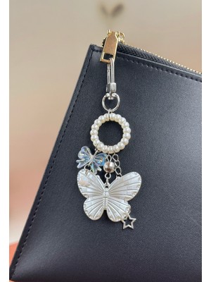Inci Halkalı Beyaz Kelebek Anahtarlık, Tasarım El Yapımı Çanta Charmı