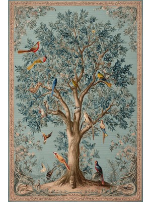 Rafel 902 Mavi Yeşil Ağaç Çiçekli Halı Yıkanabilir Ince Dokuma Yolluk Salon Oturma Odası Halısı