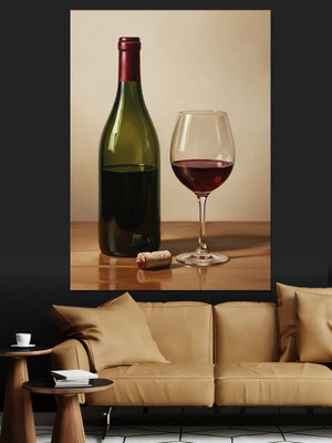 Karizma Tablo Şarap Şişesi ve Kırmızı Kadeh Dekoratif Kanvas - Mdf Ahşap Tablo