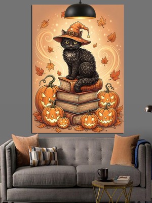 Karizma Tablo Cadı Şapkalı Ked Küçük Balkabakları Cadılar Bayramı Dekoratif Kanvas - Mdf Ahşap Tablo