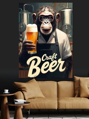 Karizma Tablo Bira Içen Maymun Bar Dekoratif Kanvas - Mdf Ahşap Tablo