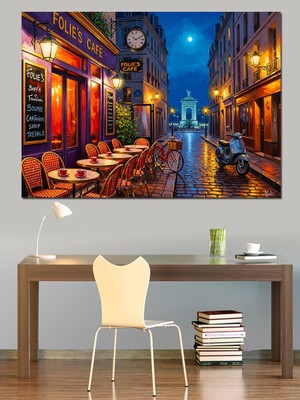 Karizma Tablo Avrupa Sokağında Akşam Işıklar Yağmur Dekoratif Kanvas - Mdf Ahşap Tablo