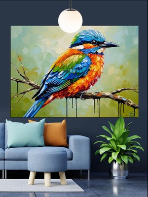 Karizma Tablo Renkli Kuş Oturan Doğa Dekoratif Kanvas - Mdf Ahşap Tablo