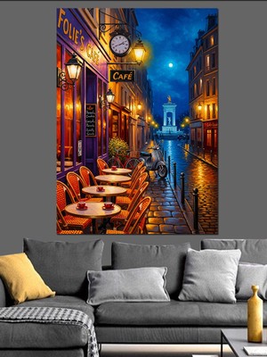 Karizma Tablo Neon Işıklı Şehir Sokağı ve Cafe Dekoratif Kanvas - Mdf Ahşap Tablo