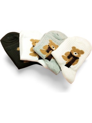 Peluş Ayıcık Işlemeli Kadın Soket Çorap 4 Çift
