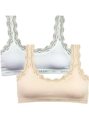 2 Adet Dantel Nakış Işlemeli Pedli Bambu Kadın Büstiyer Beyaz Krem