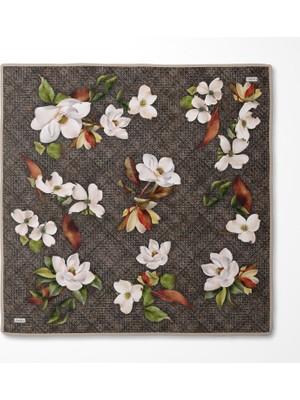 Levidor Çiçek Desenli Twill Ipek EŞARP-0942 - Siyah-Vizon