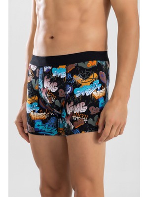 Baykar Erkek Desenli Likralı Pamuklu Desenli Boxer 1420 Siyah