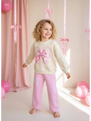 Noble Kids Kurdele Aplikeli Pembe Kız Çocuk Takımı – Sweatshirt & Boru Paça Alt, 2–8 Yaş