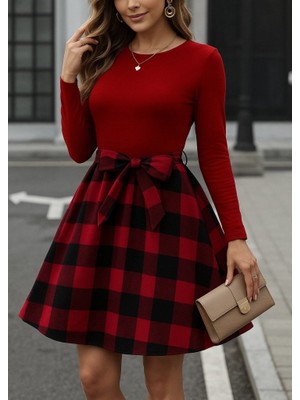 Meğdaix Kadın Uzun Kollu Bisiklet Yaka Üst Viskon Alt Ekose Kısa Elbise