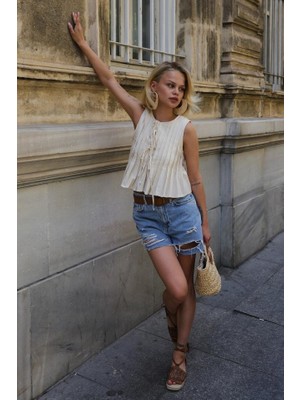 Meğdaix Pileli Bağlamlı Bluz - Natür