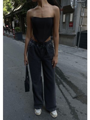 Meğdaix  Arkadan Yırtmaçlı Jeans Kot Palazzo Pantolon - Siyah