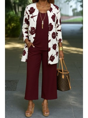 Meğdaix Kadın Uzun Kollu Önü Açık Modal Ceket Kolsuz Viskon Iki Iplik Bluz ve Pantolon Üçlü Takım