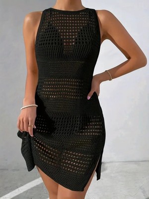 Meğdaix Kadın Askılı Derin Sırt Dekolteli Ajurlu Triko Pareo