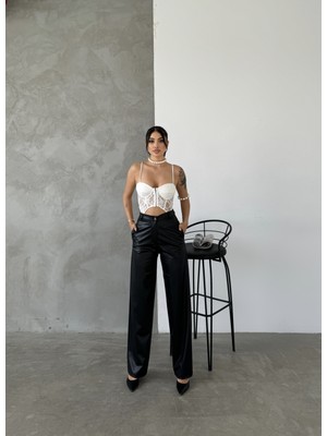 Pophlin Siyah Palazzo Deri Pantolon