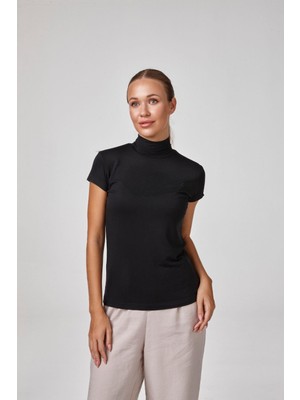 Relactive Kadın Kısa Kollu Modal Yarım Balıkçı Yaka Düz Basic Tişört – Siyah C1T0N8O2