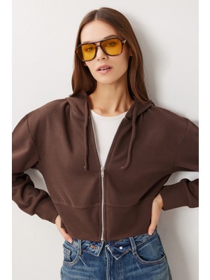 Happiness İstanbul Kapüşonlu Fermuarlı Selanik Sweatshirt LXA0025 Koyu Kahverengi