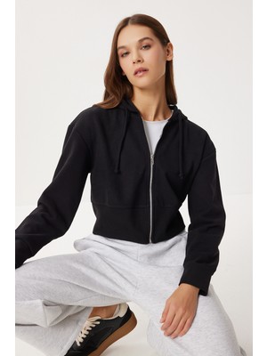 Happiness İstanbul Kapüşonlu Fermuarlı Selanik Sweatshirt LXA0025 Siyah