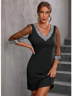 Meğdaix Kadın Uzun Kollu V Yaka ve Kol Ucu Pul Payet Krep Elbise