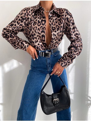Pophlin Leopar Saten Oversize Gömlek