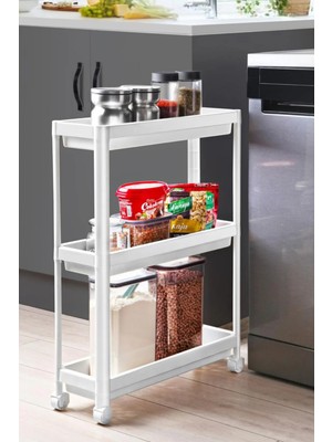 3 Katlı Tekerlekli Slim Raf Ünitesi, Beyaz Veya Siyah Renkli Düzenleyici