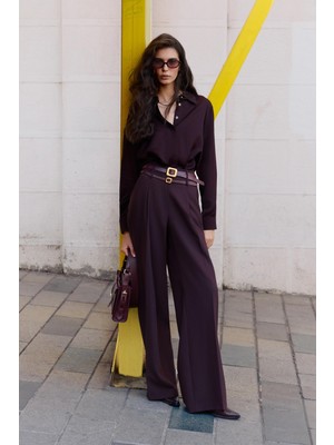 SHN Çift Kemerli Pileli Bordo Pantolon