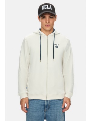 Ucla Hılgard Kemik Rengi Kapüşonlu ve Fermuarlı Baskılı Standard Fit Erkek Sweatshirt