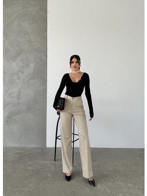 Pophlin Bej Palazzo Deri Pantolon