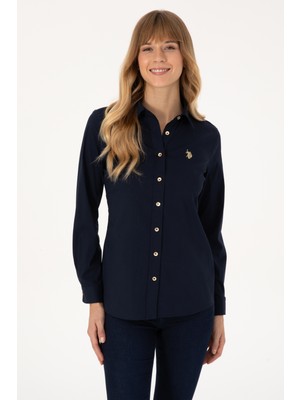 U.S. Polo Assn. Kadın Lacivert Basic Gömlek %75 Pamuk Trend Düz Desenli Slim Fit