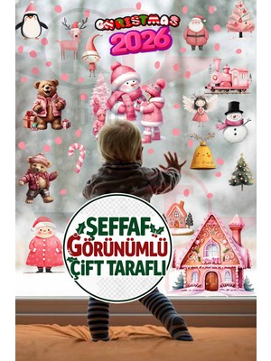 Kt Grup Şeffaf Çift Taraflı Noel Ayıcık, Kardan Adam ve Tren Sticker Seti - Yılbaşı Kapı Dolap Cam Dekoru