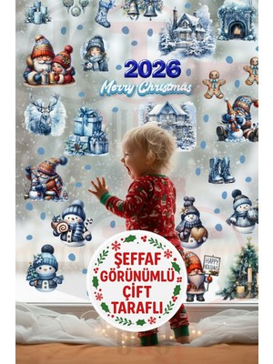Kt Grup Şeffaf Çift Taraflı Kış Evleri, Noel Baba, Kardan Adam ve Cüceler 2026 Yılbaşı Sticker Seti