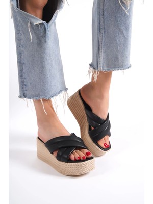 Joy Ayakkabı Joymıx Dolgu Topuklu Ortopedik Taban Hasır Görünümlü Kadın Terlik Ckt - Siyah