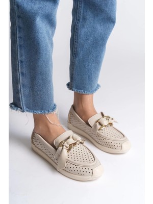 Joy Ayakkabı Lydıa Bağcıksız Ortopedik Rahat Taban Kalp Desenli Kadın Babet Ayakkabı  Ckt - Krem