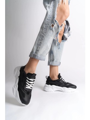 Joy Ayakkabı Tokyo Bağcıklı Ortopedik Taban Triko Detaylı Kadın Spor Ayakkabı  Tbt - Siyah