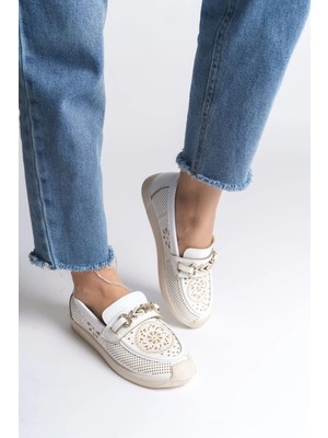 Joy Ayakkabı Lıly Bağcıksız Ortopedik Rahat Taban Çiçek Desenli Kadın Babet Ayakkabı  Ckt - Beyaz