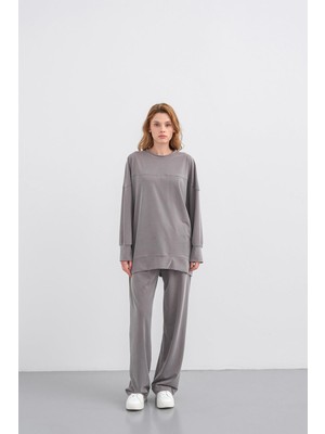 Gri Kadın Tencel Karışımlı Yumuşak Dokulu Nervürlü Bol Paça Basic Alt-Üst Takım