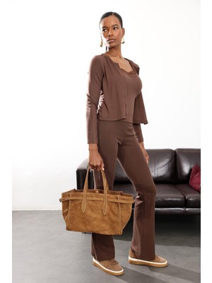 5in1Canpolat Kahverengi Ispanyol Paça Tayt Pantolon 24135