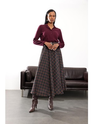 5in1Canpolat Siyah Ekoseli Şifon Maxi Etek 0613