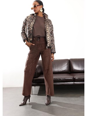 5in1Canpolat Kahverengi Düz Kesim Süet Pantolon 10850