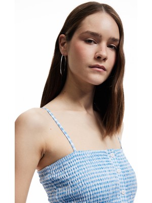 Koton Gipeli Düğmeli Fırfırlı Dar Kesim Pötikareli Ip Askılı Crop Bluz