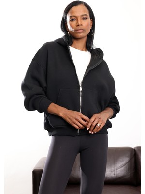 5in1Canpolat Siyah Fermuarlı Kapüşonlu Sweatshirt 10822