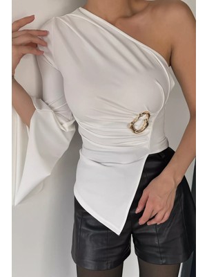 Gülseli Kadın Drapeli Gold Toka Detaylı Tek Omuz Bluz P-00019202