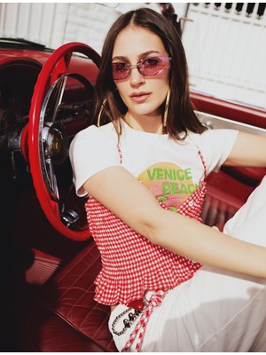 Koton Gipeli Düğmeli Fırfırlı Dar Kesim Pötikareli Ip Askılı Crop Bluz