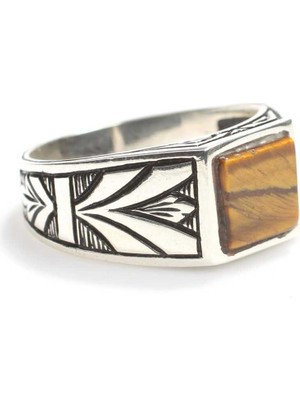 Nusret Takı 925 Ayar Gümüş Kare Kaplangözü Taşlı Erkek Yüzük