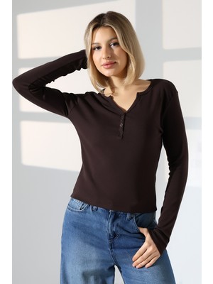 Endies Düğmeli V Yaka Uzun Kollu Pamuklu Basic Kadın T-Shirt 21926 Kahve